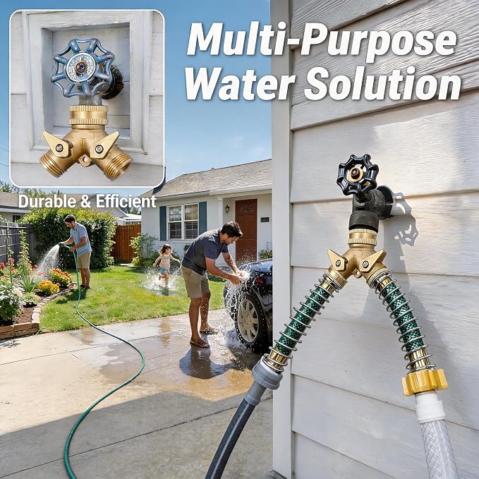 VANCOCO 2 Way Garden Hose Splitter, 3/4" Heavy Duty Solid Brass Hose Y Splitter With 2 Shut-off for Outdoor Faucet & Garden Hose