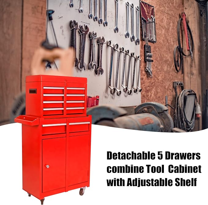 5-Drawer Tool Chest, Detachable Top Box for Garage,Red | Rolling Mobile Storage Cabinet Organizer with Lockable Wheels for Workshop Utility, Heavy Duty Metal Construction