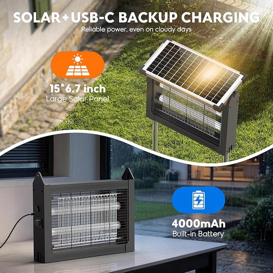 Solar Bug Zapper Outdoor with Projector Lights, Waterproof Mosquito Zapper, 4500V Electric Bug Zapper Indoor with Smart Light Sensor, Mosquito Trap Fly Zapper for Patio Backyard Kitchen RV Camping