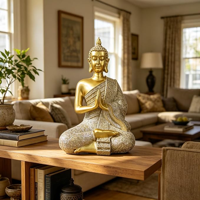 Gold Sitting Buddha Statue Decor Meditation Gifts Zen Art Indoor Statue | YOUERDA; Buddha Statues Yoga Meditation Room Home Decor Indoor, Buddhist Art Zen Sculptures Gifts for Mom