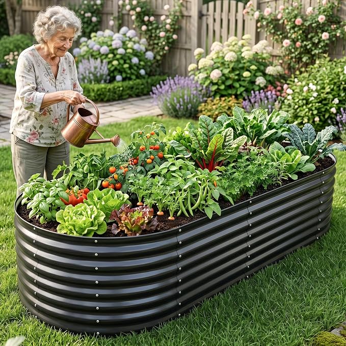 24" Tall Galvanized Raised Garden Bed Outdoor, 8x4x2ft Deep Metal Planter Box with Safety Edging & Support Bars, Large Oval Raised Beds for Gardening Plants Vegetables Herbs Flowers (Dark Grey)