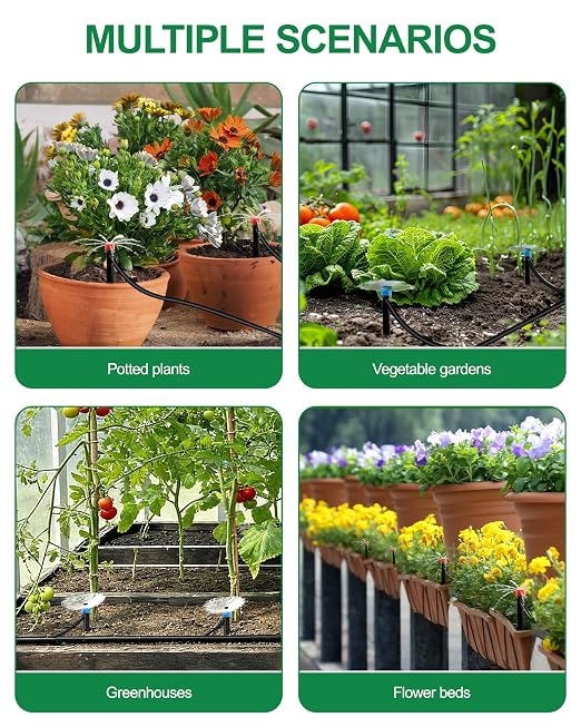 Drip Irrigation System for Garden, Automatic Garden Watering System with 115FT 1/2” & 1/3” Tubing, Dual Faucet, Adjustable Nozzle Emitters for Garden, Greenhouse, Lawn, Potted Plants