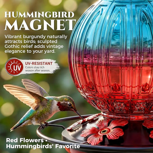 Glass Hummingbird Feeder for Outdoors Hanging, 26Oz Bird Nectar Feeder with Perch & 5 Flower Feeding Ports, Leak Proof for Outside Garden Decor Backyard, Gifts for Women Mom, Blue & Red