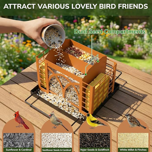 Bird Feeders for Outdoors Hanging, Metal Bird Feeder with Double Suet Cage Weatherproof Metal Roof, 3.5Lbs Large Capacity Great for Attracting Finch Cardinal Chickadee Wild Birds, Pinecone Brown