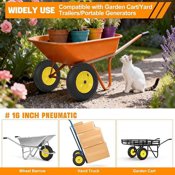 Yesker 16 Inch Pneumatic 4.80/4.00-8" Tire and Wheel, 16" Pneumatic Tires Wheels with 5/8" Bearings 2.2" Centered Hub for Wheelbarrow, Garden Gorilla Cart, Hand Truck (2 Pack)