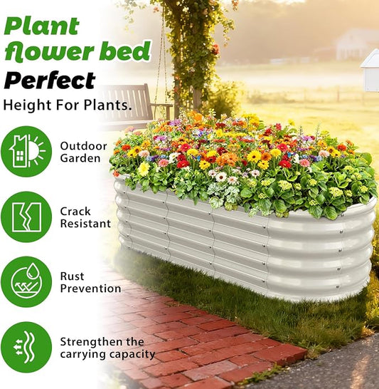 17" Tall Oval-Shaped / Elliptic Metal Raised Garden Bed Outdoor Cream White | 60X24X17 Inch,1.5 FT Tall,0.8MM Thick Galvanized Metal Painted,for Variety of Flowers,Herbs,Vegetables.with Gloves,Tool free