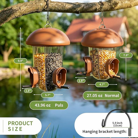 LONA Bird Feeders for Outdoors Hanging – 3 Separate Compartments, 3 Feeding Ports, Weatherproof Dome & 3 Ways to Hang, Large Capacity for Cardinals/Finches (Brown,Plus