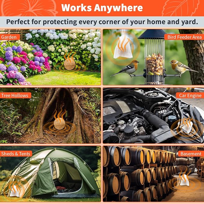 Squirrel Repellent Balls, 10 Pack Natural Plant-Based Formula, Long-Lasting Outdoor Animal Deterrent, Repel Skunk, Chipmunk & Raccoon, Mess-Free for Yard, Garden, Attic & Car Engine