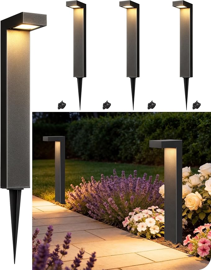 EDISHINE Low Voltage Pathway Lights Wired, 3000K 3.2W 50,000Hrs Waterproof LED Outdoor Landscape Lighting with Connectors, 12V Modern Cast-Aluminum Landscape Path Lights for Walkway Garden, 4 Pack
