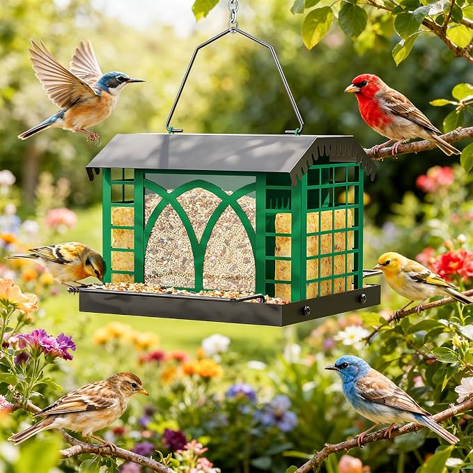 Bird Feeders for Outdoors Hanging, Metal Bird Feeder with Double Suet Cage Weatherproof Metal Roof, 3.5Lbs Large Capacity Great for Attracting Finch Cardinal Chickadee Wild Birds, Branch Green
