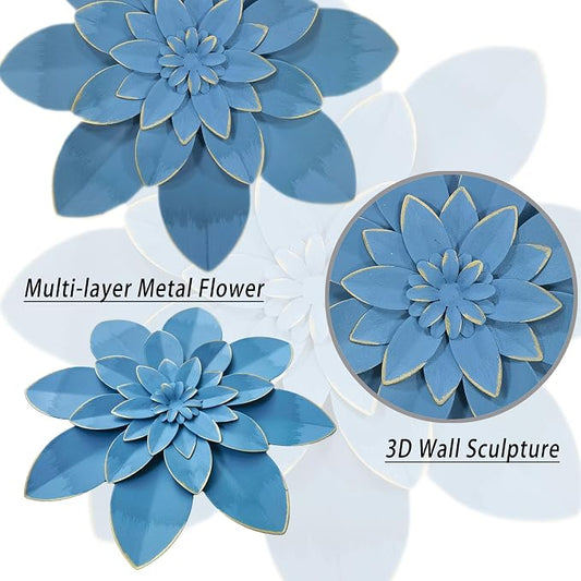 Metal Flower Wall Art Decor, 9.5" Ocean Blue Rustic Modern Floral Sculpture | Distressed Hanging Home Decoration Accent Artworks, Indoor Bedroom Living Room Office, Outdoor Garden Patio