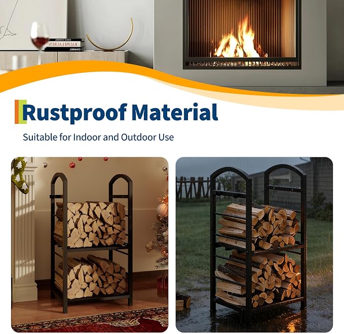 GarveeLife 30 Inch Firewood Rack Outdoor Indoor, High Outdoor Wood Racks for Firewood, Fire Wood Storage with Kindling Hooks, Large Metal Fireplace Log Rack Storage Carrier Organizer, Copper