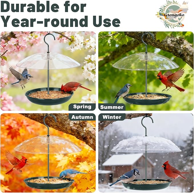 Gtongoko Platform Bird Feeder for Outdoors Hanging with 12” Weatherproof Dome, Squirrel-Resistant Metal Tray, 2 Lbs Seed Capacity, 360° Multi-Bird Feeding, Green