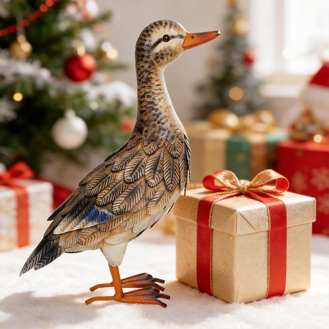 Shorayn Garden Statue Metal Duck Life-Size Mallard Indoor Outdoor Decor Handmade Iron