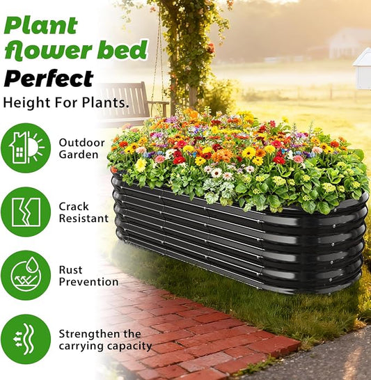 YSEJOMP 17" Tall Oval-Shaped/Elliptic Metal Raised Garden Bed Outdoor Black | 60X24X17 Inch,1.5 FT Tall,0.8MM Thick Galvanized Metal Painted,for Variety of Flowers,Herbs,Vegetables.with Gloves,Tool free