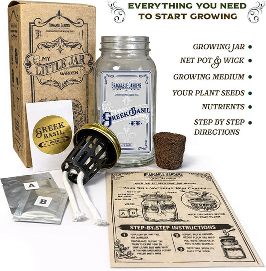Greek Basil Indoor Herb Garden Kit – Mason Jar Hydroponic Grow Kit – Windowsill Countertop Basil Planter – Grow Fresh Basil Indoors