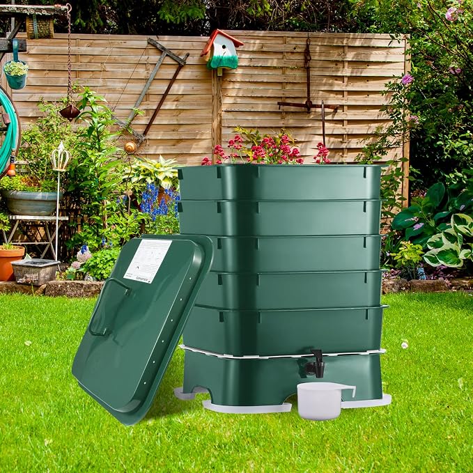 5-Tray Worm Compost Bin, Worm Composter for Outdoor & Indoor, 5-Tray ecocultivatify Wormie's Home Plus, Worm Bin Set for Recycling Household Waste (Dark Green)