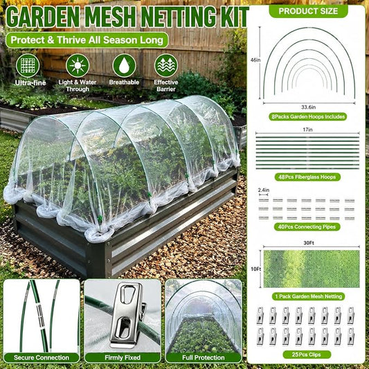 Garden Netting Kit for Raised Beds,10x33ft Ultra Fine Insect Netting Garden Bed Covers & 6 Sets of 8ft Fiberglass Garden Hoops (8 Sets Garden Hoops with White10x33ft Garden Netting)