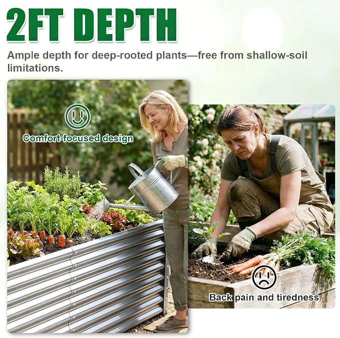 6x3x2ft Raised Garden Bed, Deep Root Planter Box, Silver,1 Pack | 1mm Thick Galvanized Steel, Resists Rust Bowing, Easy Assembly, Ideal Deep-Root Growing Condition for Broccoli,Beans,Tomatoes