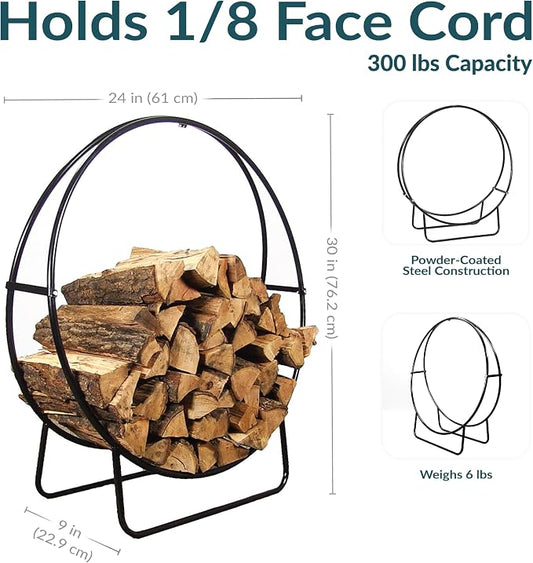 Sunnydaze 24-Inch Outdoor Firewood Rack Hoop - Indoor Round Tubular Steel Fireplace Wood Holder - 300-lb Capacity
