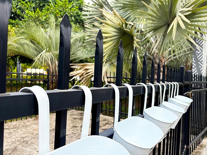 12" Balcony Railing Planters, Outdoor Hanging Planter for Fence, Stylish Metal Porch Deck Flower Pot for Herbs & Succulents (White, Pack of 2)