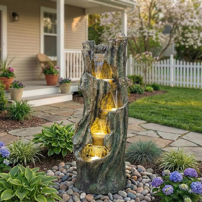 Outdoor Waterfall Fountain with LED Lights, Freestanding Tree Design Garden Water Feature, Fiberglass Resin Construction, Easy Setup for Patio Backyard Lawn Porch