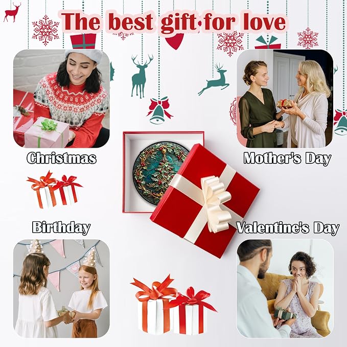 DASTOLL Stained Glass Window Hangings - Red Gold Green Wreath Suncatcher for Door Home Christmas Tree Decoration Sun Catcher Thanksgiving New Year Birthday Gift for Women Men Mom Grandma 11.8 in