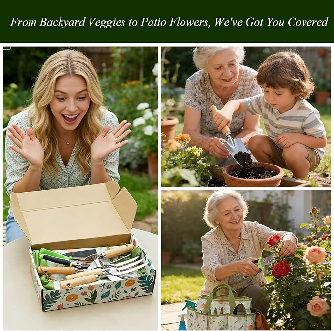 VerdantVibes 10-Piece Garden Tool Set - Heavy Duty Stainless Steel Gardening Kit with Wood Handle, Pruners & Vegetable Print Tote Bag - Unique Gardening Gifts for Women Mom Grandma