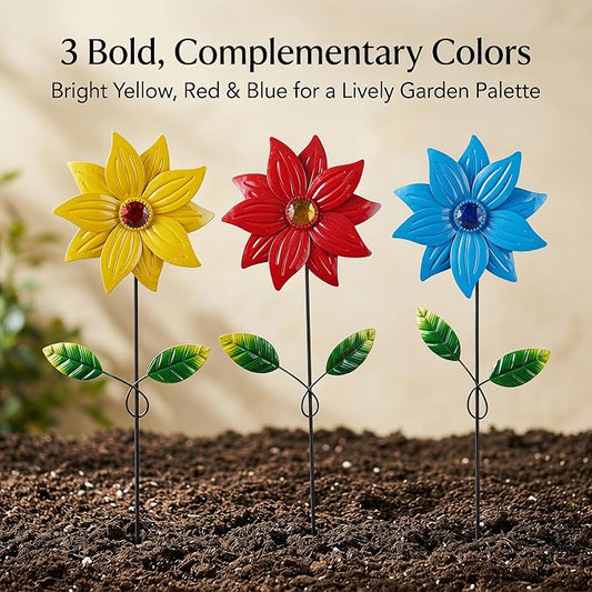 3-Pack Metal Flower Garden Stakes, 16 Inch Weatherproof Floral Yard Art, Vibrant Yellow Red Blue Outdoor Decor for Patio, Lawn & Planter