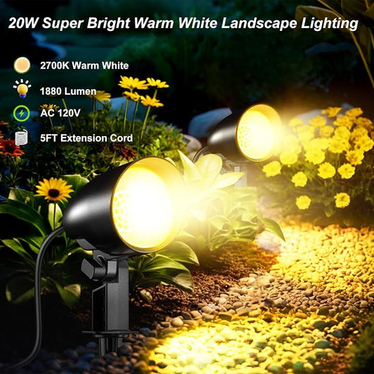 20W Outdoor LED Landscape Lighting Spot Lights, 1880LM IP66 Waterproof, Plug in Landscape Lights for Pathway Patio Yard Lawn, 120V US 3-Prong Cord, 2 Packs