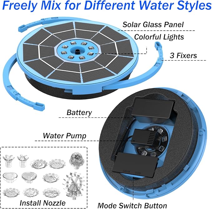 AISITIN 3.5W Solar Bird Bath Fountain with LED Colorful Lights & 3000mAh Battery, Solar Fountain Pump with 10 Nozzles, Solar Water Pump for Garden, Pond and Outdoor (Blue)