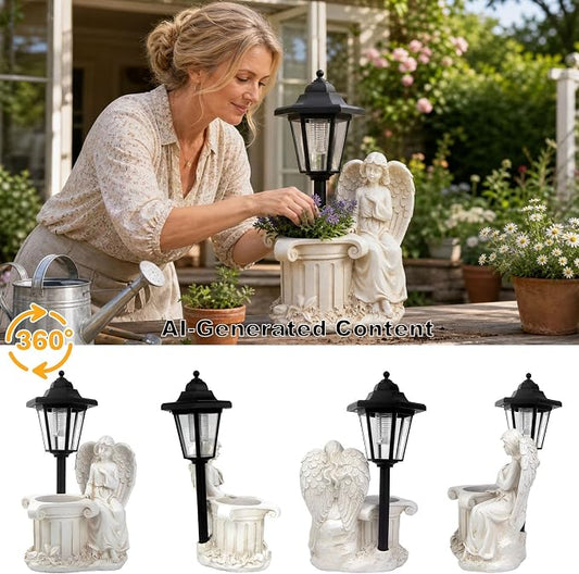 Solar Angel Outdoor Garden Statues with Lantern & Flower Pot | Resin Angel Figurines for Yard Lawn Porch Patio Balcony Decor- Gifts for Women Mom Grandma
