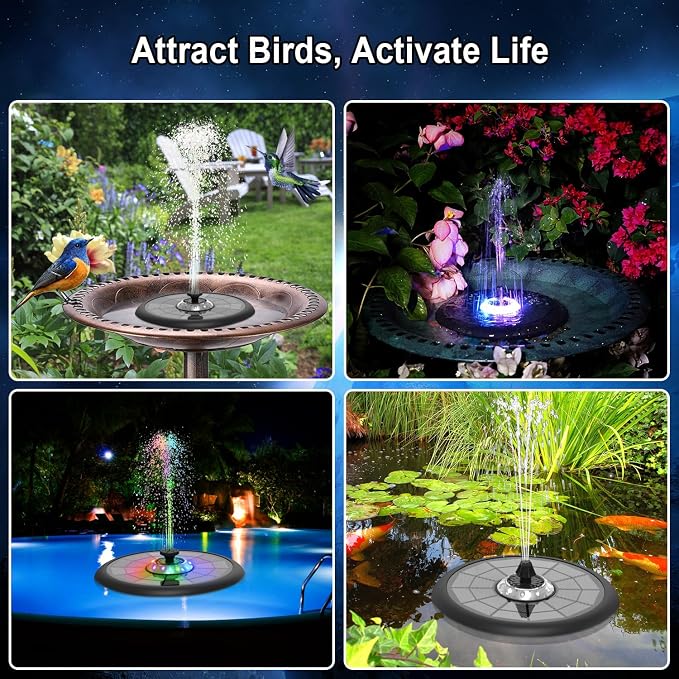 Solar Fountain UFO Style, 2026 Upgrade 5W Glass Solar Panel Bird Bath Fountain with LED Lights, 4000mAh Backup Battery, 7 Nozzles for for Garden, Pond, Pool, Patio Outdoor Water Feature