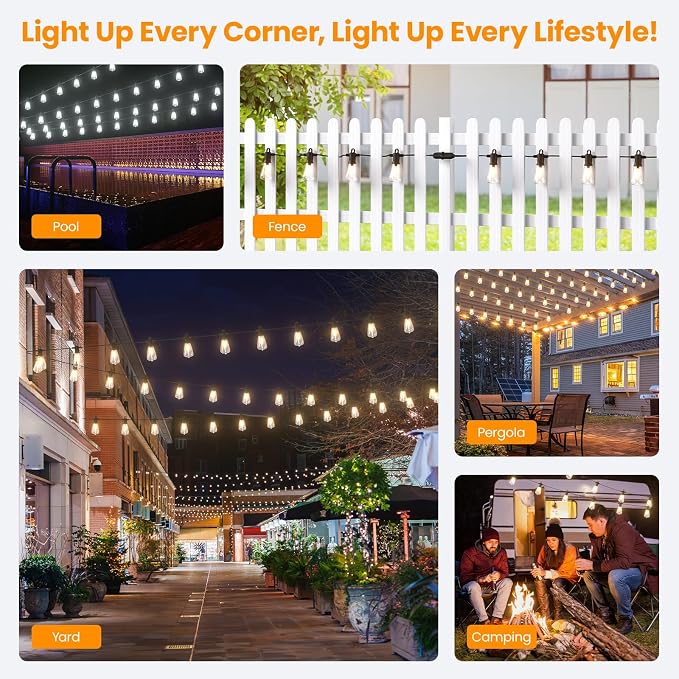 Kawaya Outdoor String Lights for Patio - ST38 Outside IP65 Waterproof Hanging Light with 2700k~6000k Dimmable - 50FT Led Edison Lights for Cafe Bistro Yard Gazebo Porch
