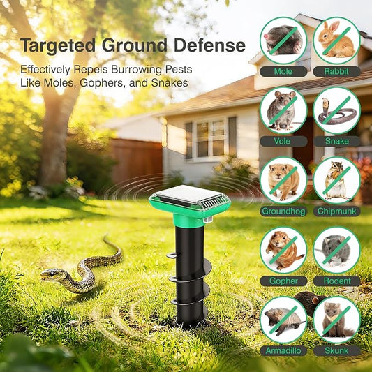 Mole Repellent Solar Powered, Snake Repellent for Yard, Squirrel Repellent Outdoor, Ultrasonic Deterrent Stakes, Get Rid for Gopher, Vole, Deer, Groundhog for Lawns Garden, 4 Pack, Green