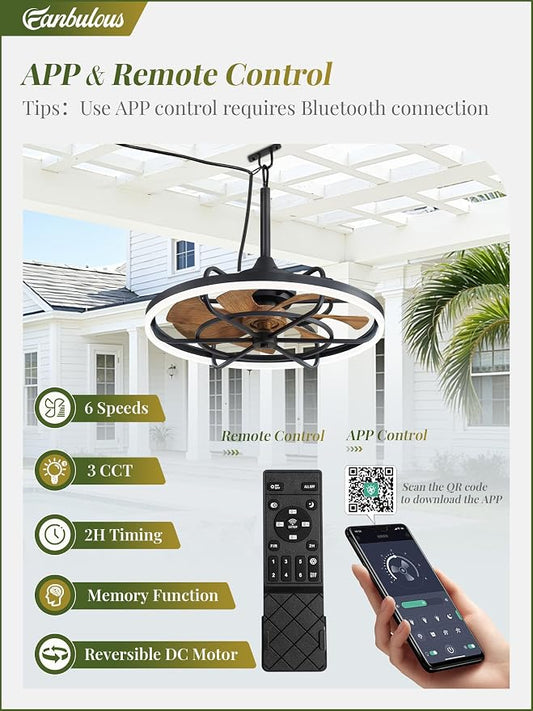 Fanbulous Outdoor Ceiling Fans with Light for Patios, 24" Weatherproof Plug in Ceiling Fan, Gazebo Fan Remote&APP Control, 3CCT Dimmable, Caged Ceiling Fan with Hanging Hook for Porch, Pergola, Canopy