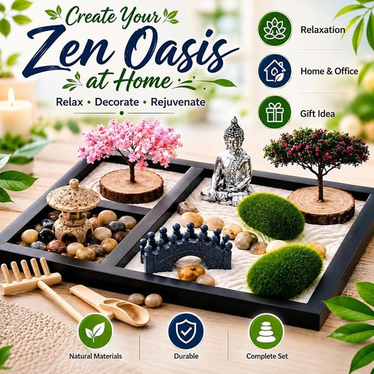 Zen Garden for Desk - Mini Tabletop Zen Garden with Buddha Decor | Black tray with Buddha, bridge, moss & pebbles. Decorative Zen display for office desks, shelves, meditation & home décor.