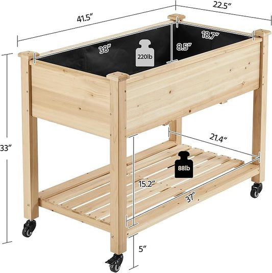 Topeakmart Solid Wooden Raised Garden Bed Vegetable Elevated Planter Kit Grow Gardening Box with Legs Storage Shelf & Wheels, 42x23x33in