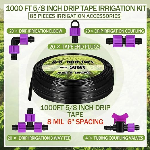 Tondiamo 1000' 5/8 Inch Drip Tape Irrigation Tubing Kit 8 Mil 6" Spacing Garden Hose Watering Tube Line Automatic Equipment for Garden Irrigation System Farms, Landscape, Lawn