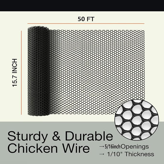 Pet Proof Barrier Net, Black Plastic Chicken Wire Mesh Fencing, Balcony Cat Safety Net & Garden Snake Barrier, Heavy Duty Protection for Chicken Coops, Rabbit Hutches, Dog Kennels (Black, 15.7IN*50)