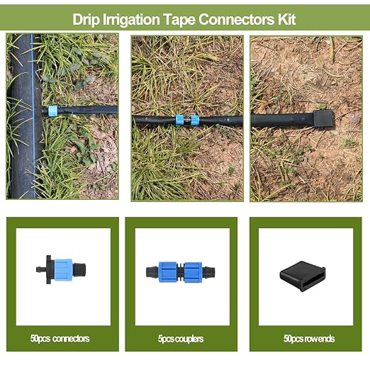 105PCS 5/8" Drip Irrigation Tape Connector Fitting Kit Include 50PCS Connectors,50PCS Tape Row Ends,5PCS Irrigation Coupling Irrigation Equipment for 5/8" Drip Line Garden Irrigation