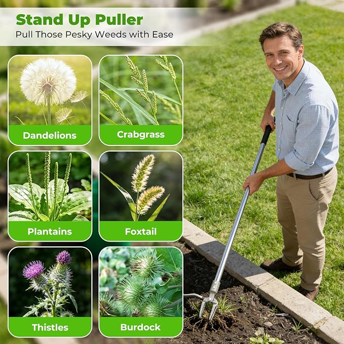 One-Piece Stand Up Weed Puller Tool with Long Handle, 47" No Assembly Stainless Steel Garden Weeder Dandelion Root Removal Without Kneeling