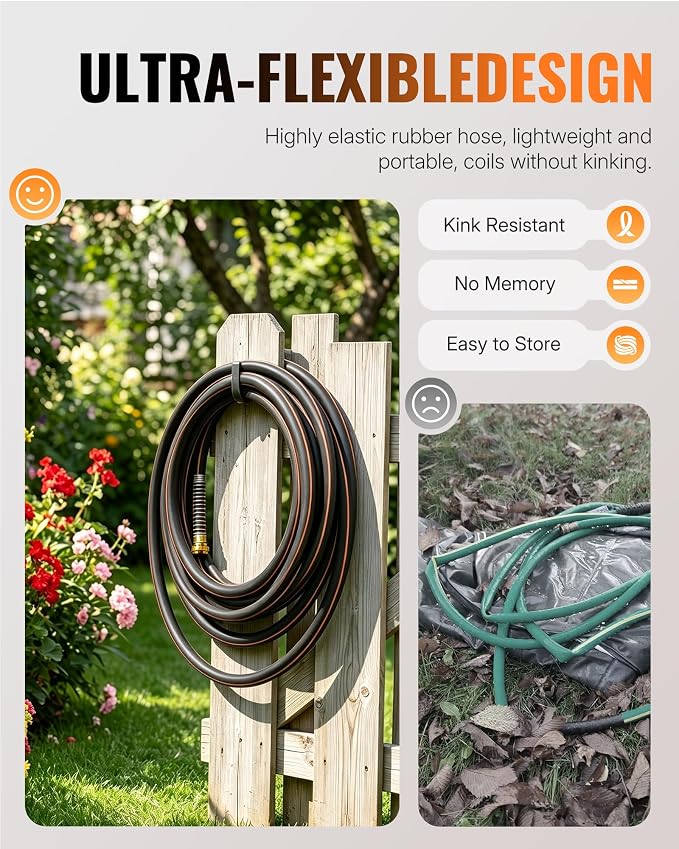 Heavy Duty Rubber Garden Hose 15FT x 3/4", Flexible Water Hose with 360° Swivel Brass Fittings, 300 PSI Working, 1000 PSI Burst, 5-Layer Reinforce, All Weather Outdoor Hose, BG15GH406