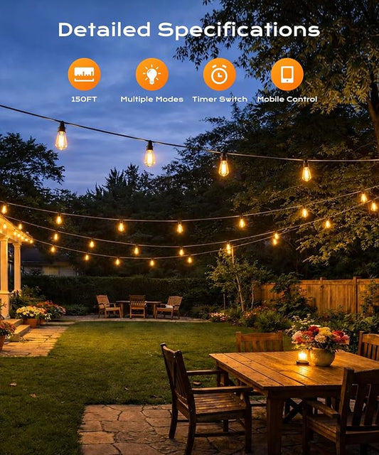 Outdoor String Lights, 150 FT Patio Lights for Outside, Smart App & Remote Control with Timer, Dimmable with 4 Scene Modes, Warm White Waterproof LED Bulbs for Garden, Yard and Backyard Decor
