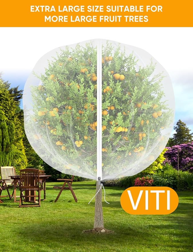 VITI Fruit Tree Netting for Cicadas - with 4Pcs 6Ftx5.3Ft Zipper&Drawstring Protection for Your Fruit Trees Garden Bird Netting Covers Blueberry Bush Tomato Bug Plant Protection Cherry Apple Tree