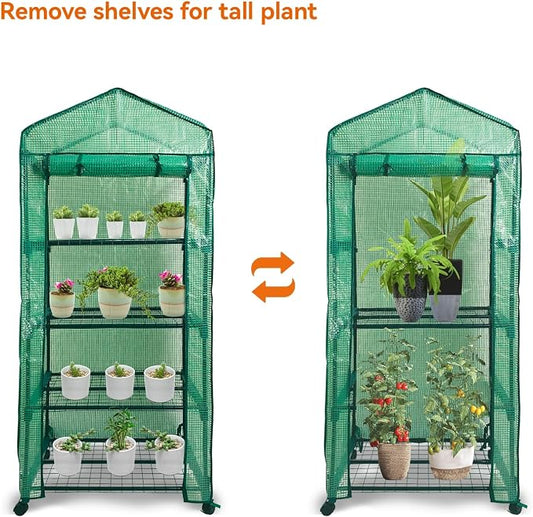 Mini Greenhouse,4 Tier Small Portable Greenhouses Kit with Caster Wheels and Roll-up Zipper PE Cover,Green House for Indoor Outdoor Seedling and Plant Growing 27.6" L x 19.7" W x 65" H,Green