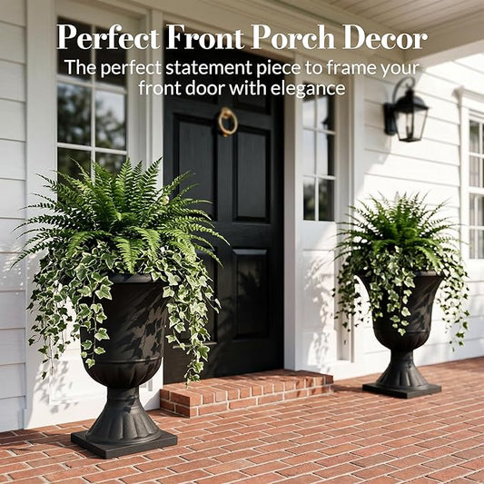 Worth Garden 2-Pack Plastic Urn Planters for Outdoor Plants, 22'' Black Tall Round Classic Resin Traditional Flower Pots - 15 in. Dia Large Imitation Stone Decorative Pot Patio Deck Front Porch