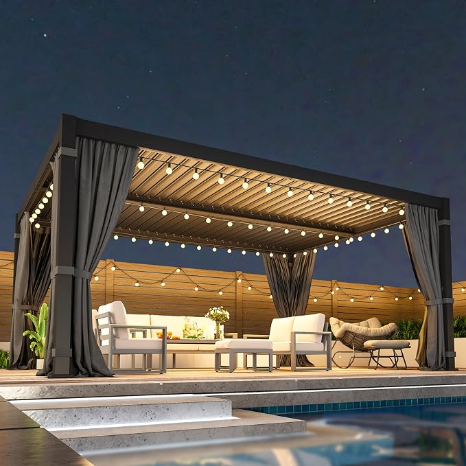 12' x 16' Louvered Pergola, Outdoor Pergola with Curtains & Netting, Aluminum Frame Patio Pergola with Adjustable Louvers Roof & Gutter System, Hardtop Gazebo for Patio, Deck, Garden, Yard, Dark Gray