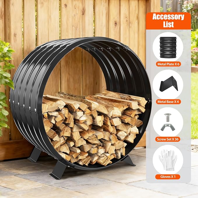24" Firewood Rack with Roof Cover, Indoor & Outdoor Log Holder Keeps Firewood Dry, Clean & Organized for Fireplace, Patio & Backyard, Heavy-Duty Steel Wood Storage Rack, 400LBS Capacity