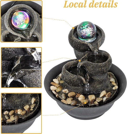 Ferrisland Indoor Tabletop Water Fountain, Desktop & Table Waterfall Fountains, Relaxation Fengshui Home Decor with LED Light for Home Office Bedroom House Warming Gift Idea (Three Stairs)